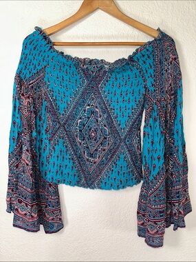 Altard State Off the Shoulder Turquoise Smocked Top with Drape Sleeves